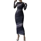 Milumia Women's Tie Dye Boat Neck Long Sleeve Fall Dress Ruched Bodycon Maxi Slimming Dresses Cocktail Party