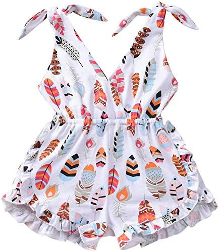 ASTRILL Toddler Kids Baby Girls Self Tie Sleeveless Feather Print Short Romper Jumpsuit