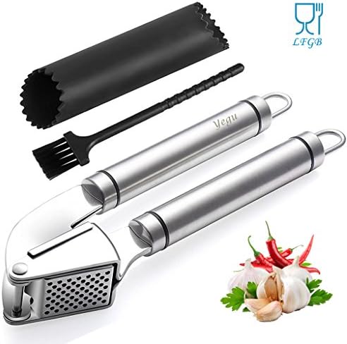 YEGU Garlic Press, Stainless Steel Garlic Press Crusher Squeezer Presser Masher Mincer Hand Tool with Clean Brush and Silicone Peel Tube for Home Hotel Restaurant Kitchen Chef, Easy to Clean,