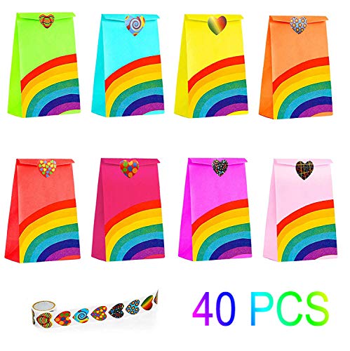 40 Pieces Rainbow Party Favor Bags Kraft Paper Bag Paper Candy Goody Bag for Kids Birthday Parties, Wedding, Carnivals, Celebrations, Classroom Party - with A Roll of 100 Heart Stickers