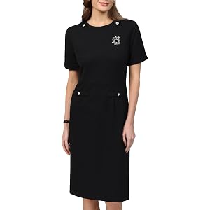 Hobemty Women's Work Pencil Dress Short Sleeve Crew Neck Bodycon Sheath Dresses with Brooch Pin