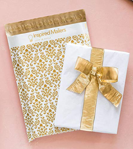 Inspired Mailers - Poly Mailers 10x13 - Damask Pattern Deluxe (Gold) - 100 Pack - 3.15mil Unpadded Shipping Bags
