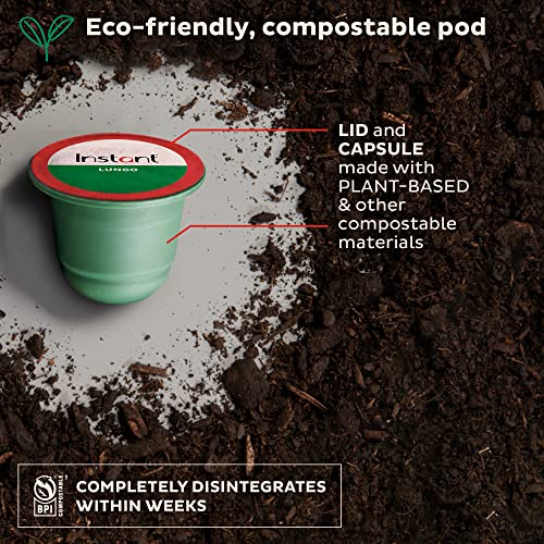 INSTANT COMPOSTABLE ESPRESSO CAPSULES, LUNGO MEDIUM ROAST, 10 PLANT-BASED CAPSULES, FROM THE MAKERS OF INSTANT POT, ECO-FRIENDLY, 100% ORGANIC, ARABICA CAPSULES WITH COMPOSTABLE FRESHNESS BAG