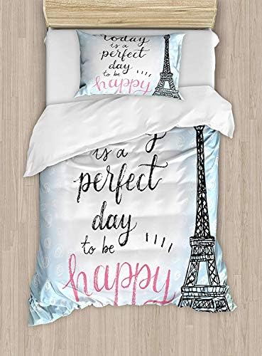 YOLIKA Girls Boys Child Queen Bedding Sets, Eiffel Tower Duvet Cover Set, Perfect Day Eiffel Tower Polka Dot Handwriting Typography Sketch Paris Print, Cosy House Collection 4 Piece Bedding Sets