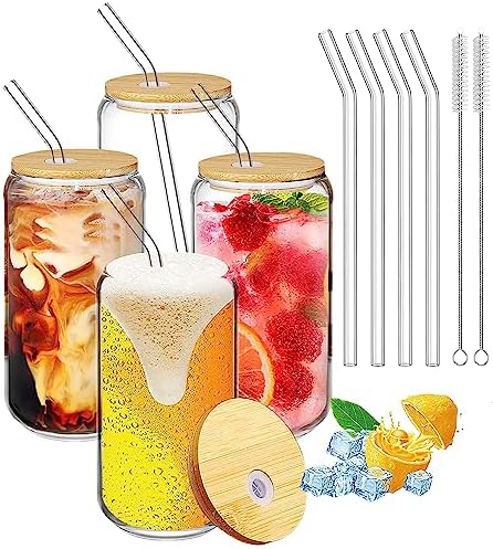 EOGILY 4 Pcs Drinking Glasses with Bamboo Lids and Glass Straw, 16 oz ...