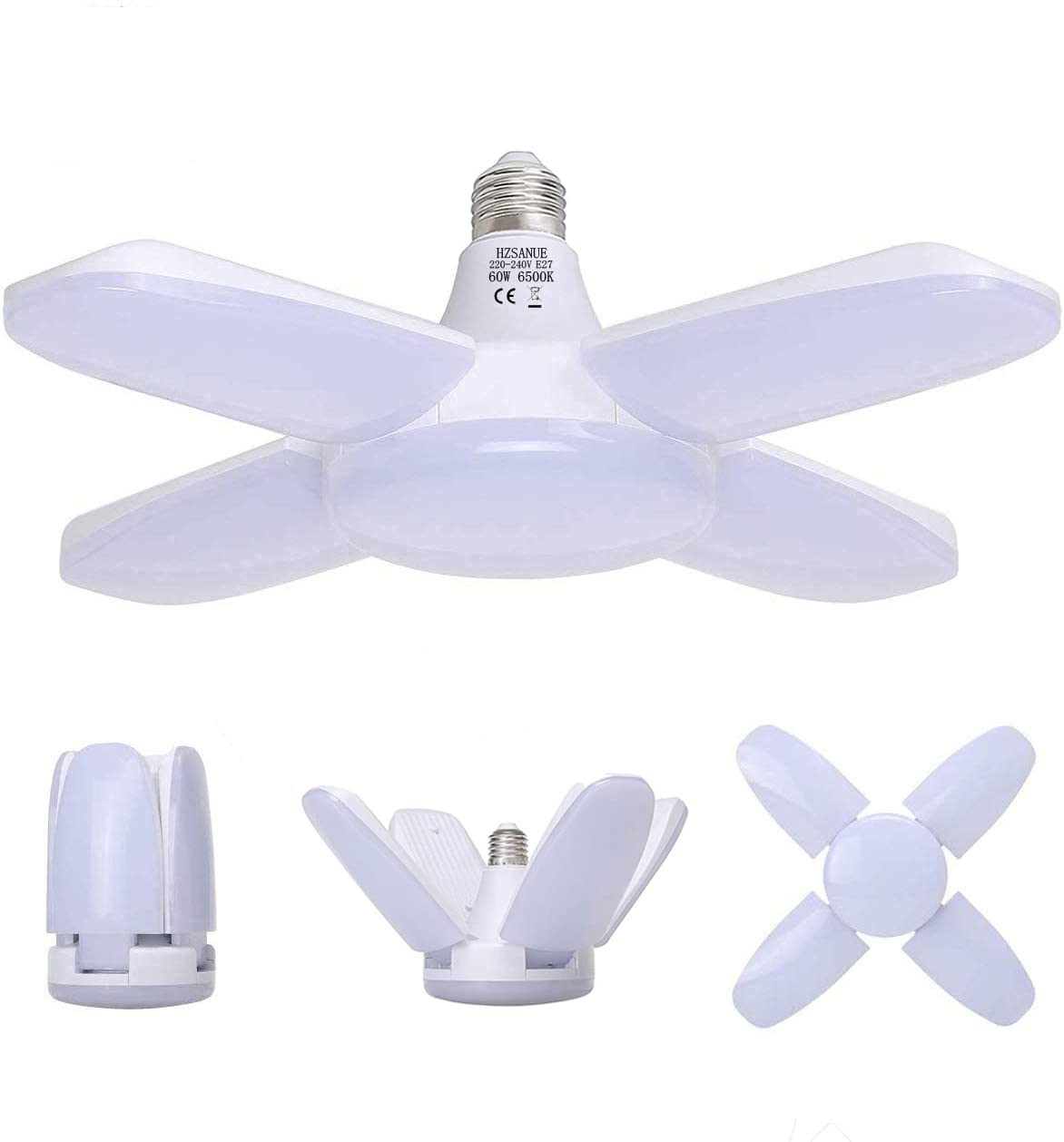 HZSANUE E27 LED Garage Light 60W, 6500K Daylight White 6800Lm Deformable Workshop Lamp with 4 Adjustable Panels, LED Ceiling Lighting, for Garages, Basement, Warehouse, Attic, Gym（Pack of 1）