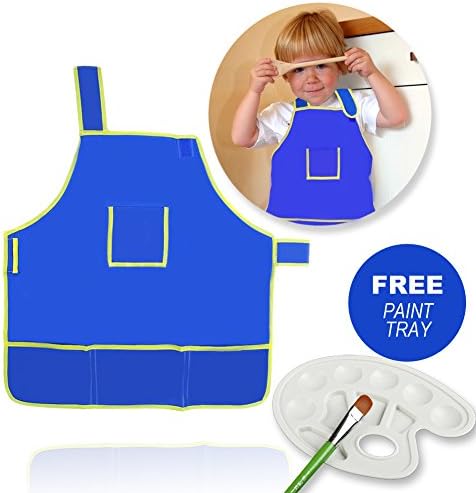 Fun Kids Apron | Waterproof Child Smock Washable Tarpaulin Fabric with 4 Front Pocket | Adjustable Strap for Cooking Lab Art Craft Painting | Paint Tray Gift Included