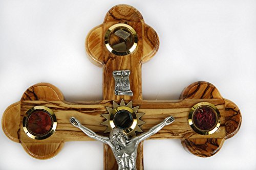 Olive Wood Crucifix / Wall Cross adorned with olive leaves, frankincense, flowers and stones from Jerusalem Hand Crafted by Artisans in Bethlehem (the heart of the holy land). by Bethlehem Gifts TM