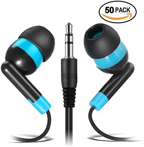 Keewonda Earphones Bulk Earbuds Headphones - 50 Pack Ear Buds Kids Bulk Headphones Wholesale Disposable Earbuds for School Classroom Students (Black/Blue)