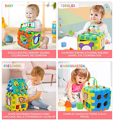 BBLIKE Baby Activity Cube with Bead Maze, 6 in 1 Multipurpose Activity Center Busy Learner Cube with Shapes Maze Music Gears Clock Educational for Kids 1 Year+