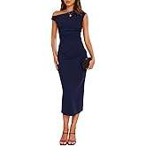 IHOT Women's Sleeveless One Shoulder Bodycon Ruched Slit Wedding Guest Cocktail Midi Dress