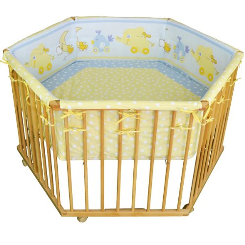 HONEY BEE Baby Laufgitter Laufstall 6 eckig + Einlage gelb/hellblau, Motiv ELEFANT 3 fach höhenverstellbar