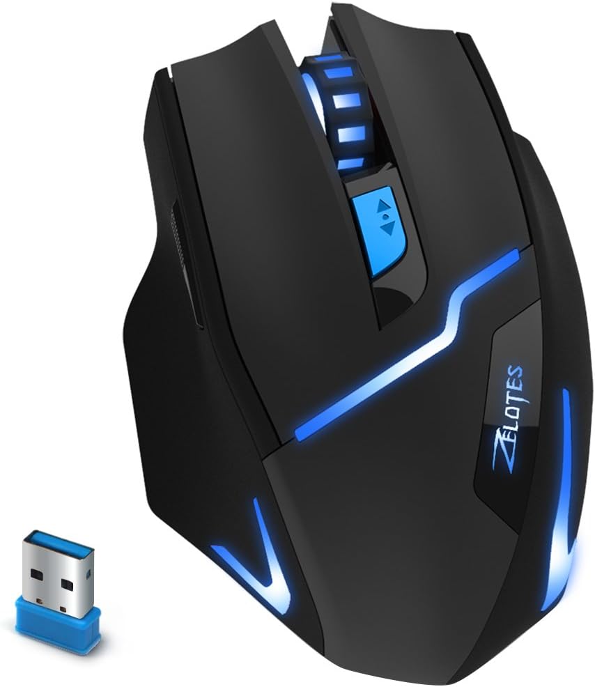 2.4G Wirelss Gaming Mouse, Zelotes Wireless Mouses Gaming with USB Receiver, 3 Adjustable DPI Levels Gaming Gamer Mice, 6 Buttons for Notebook, PC, Laptop, Computer, Macbook- Black.