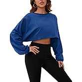 Meladyan Women Long Sleeve Crewneck Crop Top Sweatshirt Casual Solid Loose Fit Workout Cropped Pullover Tops Blue