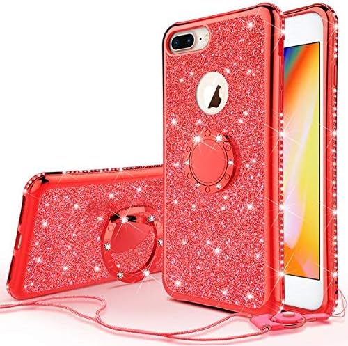 iPhone 8 Plus Case,iPhone 7 Plus Case, Glitter Phone Case Ring Kickstand Bling Diamond Rhinestone Clear Bumper Sparkly Girls Women for Compatible for Apple iPhone 7/8 Plus - Red