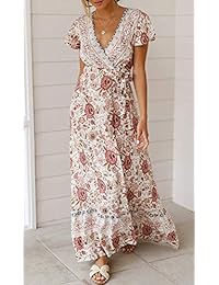 YONYWA - Vestido largo para mujer, talla grande, diseño floral, cuello en V, con cinturón