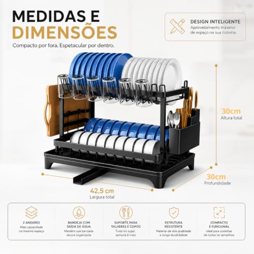 Escorredor de Louça Completo em Aço Carbono Organizador Escorredor de Pratos, Suporte para Talheres, Copos, Tábuas, Facas e Bandeja de Drenagem de Água Premium