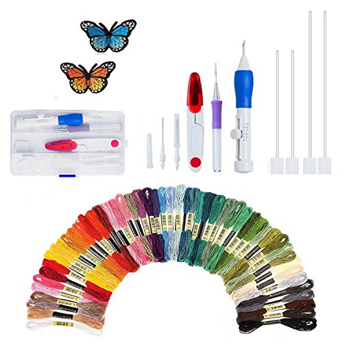 Gosear Embroidery Punch Needle, Magic Embroidery Pen Punch Needles Craft Tool Kit Set Including 50 Color Threads for DIY Knitting Sewing Embroidery Threaders