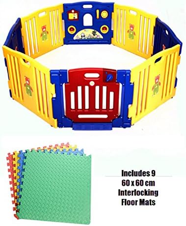 Baby Playpen 8 Plastic Panels Including Fun Activity Learning Centre w/ 9 Interlocking Floor Mats - Safe, Strong and Durable