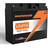 MHPOWOS 12V 20Ah LiFePO4 Battery, Up to 6000+ Deep Cycle 20A BMS Rechargeable Lithium Battery for Portable Power Station, Solar, Fish Finder, Marine, Outdoor Camping, Off-Grid Applications
