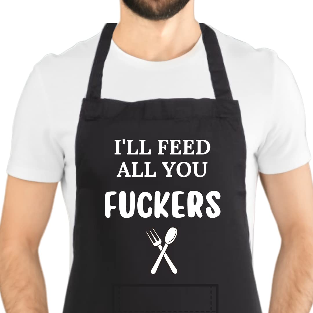 Second Ave Unisex Funny I'll Feed All You Black Apron BBQ Grill Cooking Kitchen Apron
