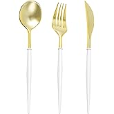 N9R 90PCS Gold Plastic Silverware - Gold Plastic Cutlery Set with White Handle, Heavy Duty Plastic Silverware with 30 Spoons, 30 Forks, 30 Knives - Perfect for Birthday Party, wedding and Everyday Use