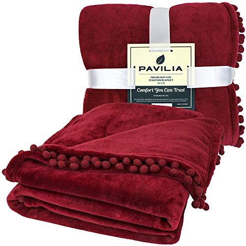 PAVILIA Fleece Throw Blanket with Pom Pom Fringe Wine (50 x 60 Inches