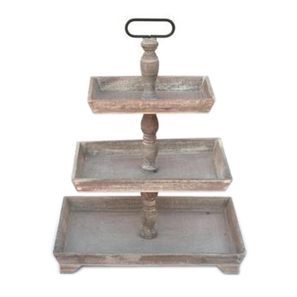 Rustic Wooden THREE Tiered PLATES Serving PLATTER Stand & Tray