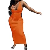 Women Bodycon Maxi Tank Dress, Sexy Deep U Neck Ribbed Solid Color Party Wrap Long Dresses