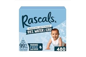 Rascals 99% Water Premium Baby Wipes, 480 Count, Plastic-Free, Hypoallergenic, pH Balanced, Gentle Daily Use