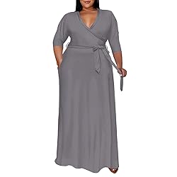 Runwind Plus Size Maxi Dress Sexy 3/4 Sleeve V Neck
