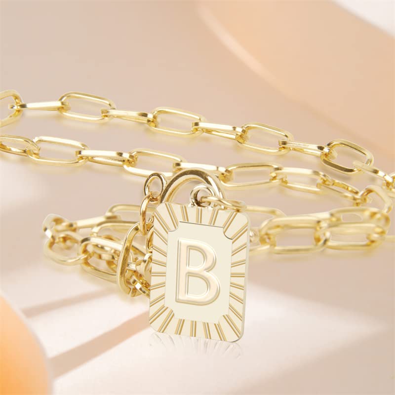 JOKLEFDSA Capital Letter 14K Gold Plated Initial B Letter Pendant Necklace Mens Womens Stainless Steel Paperclip Chain