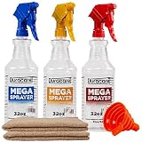Duracare Spray Bottles for Cleaning Solutions, Industrial Strength, Chemical Resistant and leak Proof 32oz Plastic Spray Bottles (3 Pack) Adjustable Nozzle - 2 Microfiber Cloths & Collapsible Funnel