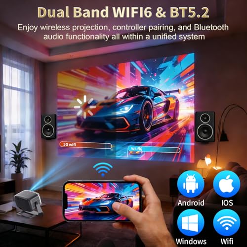 AOC Smart Projector Native 1080P 4K Support, 15000 Lumens, Android 13, WiFi 6 BT 5.2, Auto Focus & Keystone Portable Outdoor Projector, 360° Rotatable Projector with Built-in Apps (Black)