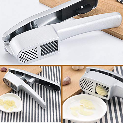 Garlic Press, 2 in 1 Garlic Mince and Garlic Slice with Garlic Cleaner Brush and Silicone Tube Peeler Set- Aluminum Alloy Garlic Crusher and Slicer- Durable and Easy to Clean
