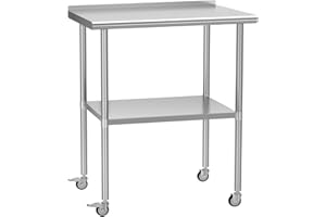 HOCCOT Stainless Steel Prep & Work Table with Adjustable Shelf, with Backsplash and Wheels, Kitchen Island, Commercial Workstations, Utility Table in Kitchen Garage Laundry Room Outdoor BBQ, 24" X 30"