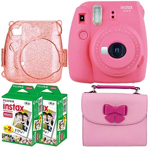FUJIFILM INSTAX Mini 9 Instant Film Camera (Flamingo Pink) + Fujifilm Instax Mini Instant Film (40 Exposures) + Hard Glitter Case + Butterfly Case – Deluxe Top Accessory Bundle