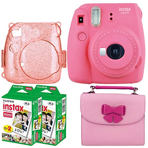 FUJIFILM INSTAX Mini 9 Instant Film Camera (Flamingo Pink) + Fujifilm Instax Mini Instant Film (40 Exposures) + Hard Glitter Case + Butterfly Case – Deluxe Top Accessory Bundle