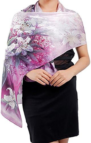 Helan Women's Real Natural Silk 180 X 50 cm Long Scarves Purple Lily Ink Painting