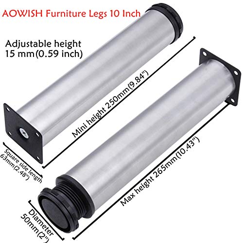 AOWISH 4-Pack Stainless Steel Furniture Legs Furniture Foot Upgraded & Thickened Cabinet Metal Legs 2 Inch Diameter Shelves Sofa Table Kitchen Adjustable Feet with 16 Screws (10 Inch/250 mm Height) - Thumbnail 2