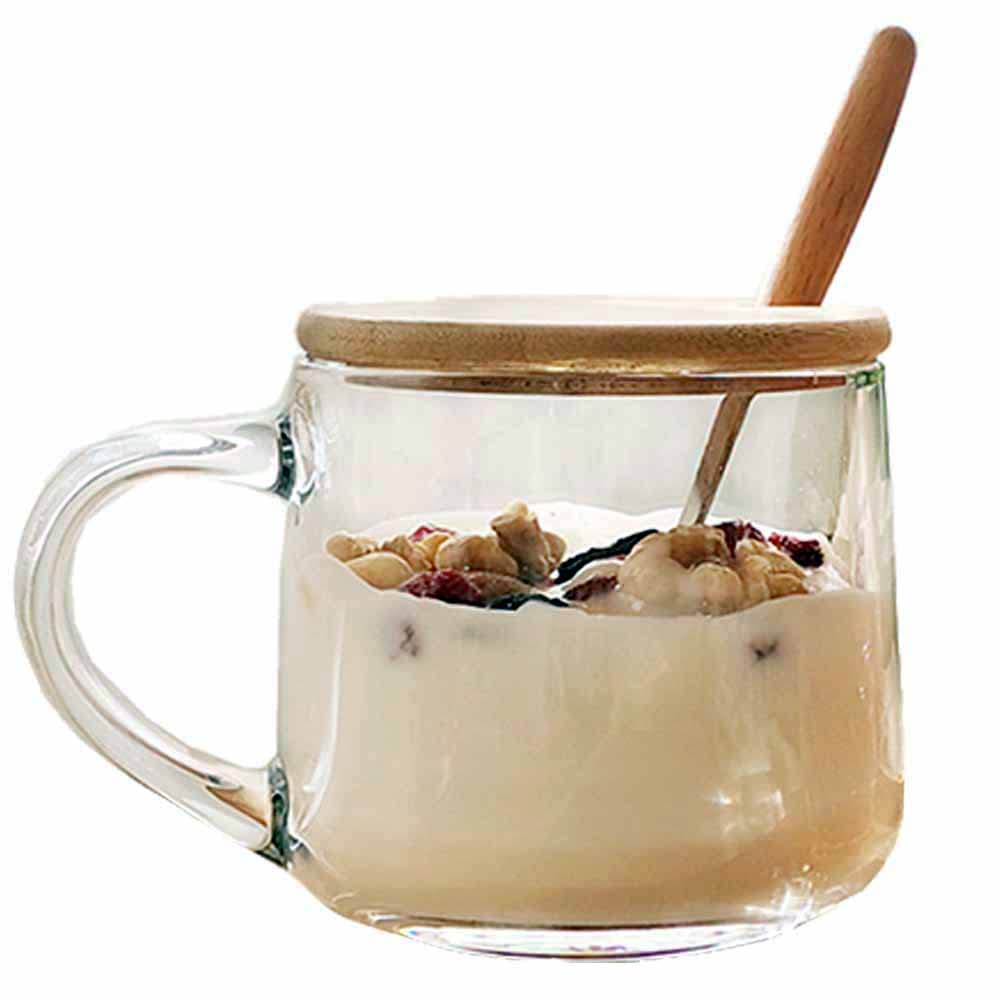 TAMUME Glass Cereal Bowl Glass Cup and Mug for Microwave, Breakfast Cup (Wood Lid and Spoon, 380ml)