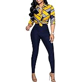 TieBnss 2 Piece Outfits for Women Sexy Bodycon Long Sleeve Button Down Crop Tops Long Pants Sets Floral Print Tracksuits
