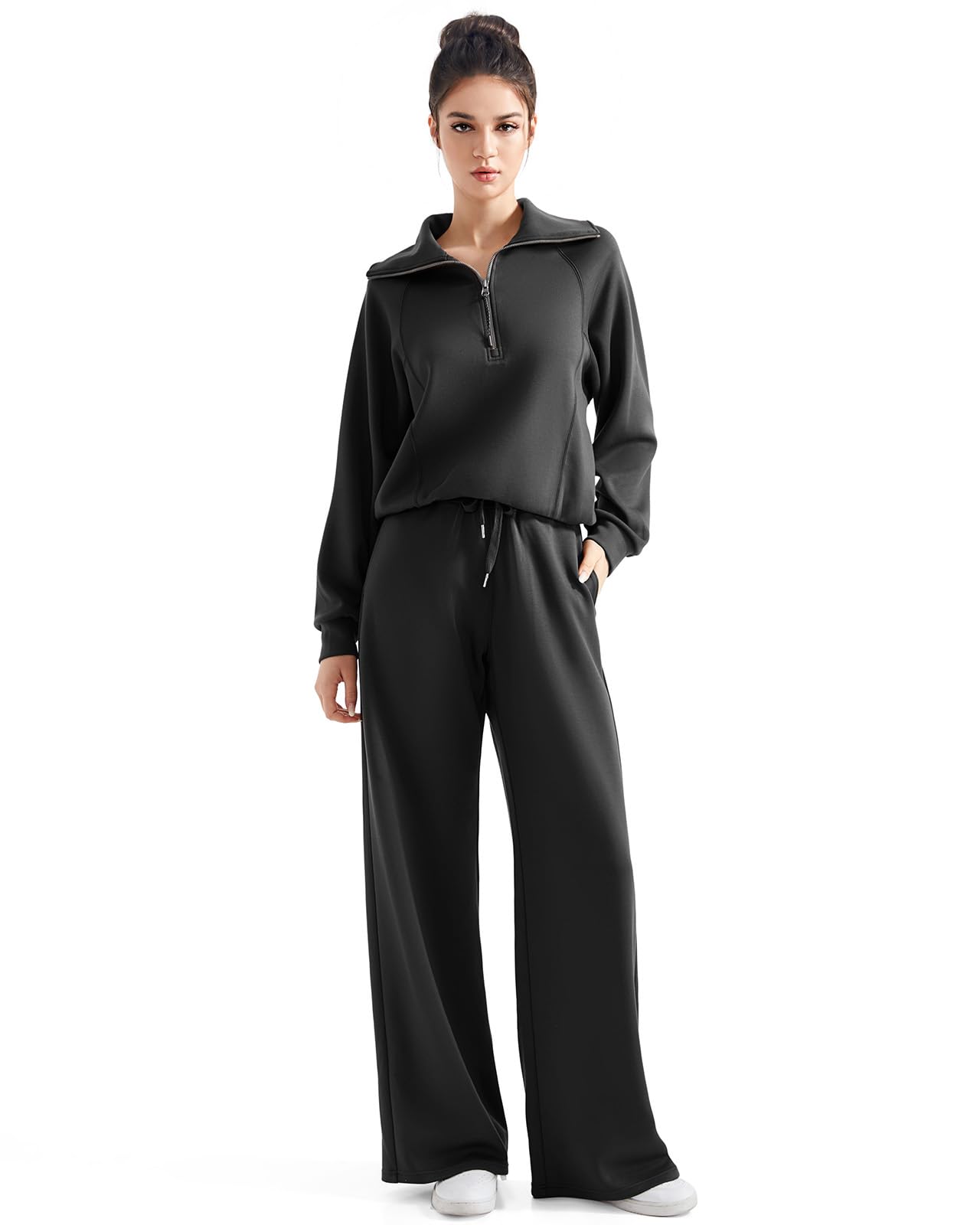 Photo 1 of SUUKSESS Women 2 Piece Lounge Matching Sets Wide Leg Sweatpants Half Zip Oversized Sweatshirts (Black, XL)