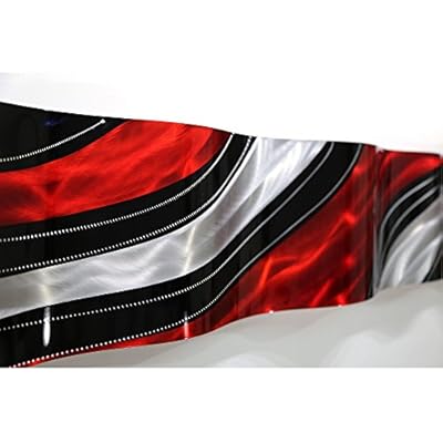 Statements2000 Modern Red, Black and Silver Vibrant Metal Wall Wave Accent - Abstract Contemporary Hand-painted Home Office Decor Sculpture - Critical Mass Wave by Jon Allen - 46" x 10"
