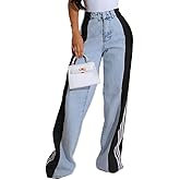 knowfashionstyle Womens Jeans High Waisted Wide Leg Patchwork Stripes Stretchy Jean Color Block Straight Trendy Demin Pants