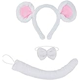 Kirei Sui White Mouse Ears Headband & Tail Bowtie Three Piece Mice Costume Accessories for Adults Women & Kids
