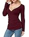 ALLEGRACE Womens Sexy Long Sleeve Tops Casual Fall Ruched V Neck Wrap Shirts Wine M