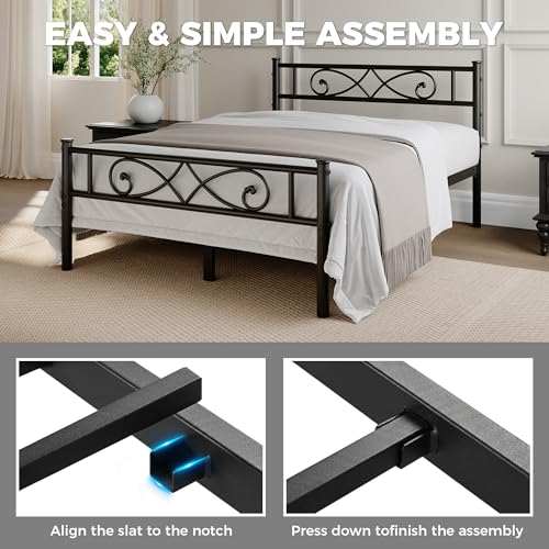 Vintage Full Size Bed Frame with Headboard, Platform Bed Frame with Headboard & Footboard, Bed Frame No Box Spring Needed, Metal Headboard Bed Frame with Under Bed Storage, Black