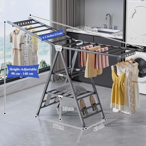 MOZOGOT Large Folding Clothes Dryer Clothes Drying Rack with 4 Shoe Holder, 3 Tier Portable Collapsible Laundry Hanger Dryer Rack, Freestanding Airer with Wheel for Indoor Outdoor, 180CM
