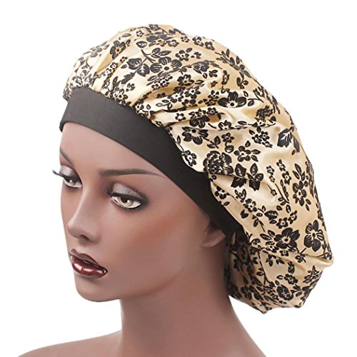 Napoo-Hat Women Satin Floral Print Wide-brimmed Hair Band Sleep Cap Muslim Hat Shower Cap (Beige)
